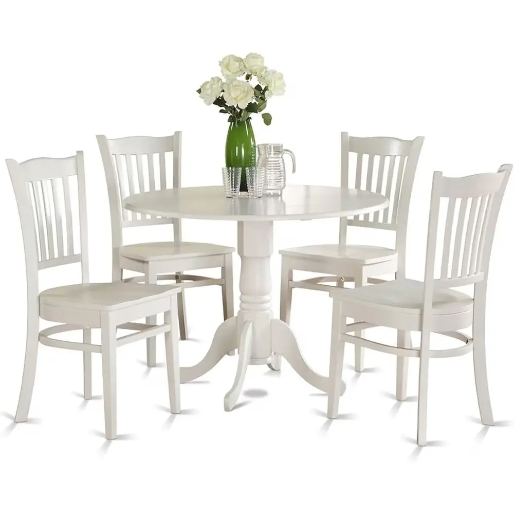 طقم طاولة مطبخ مكون من 5 قطع مع 4 كراسي، 42 دائري، أبيض كتان