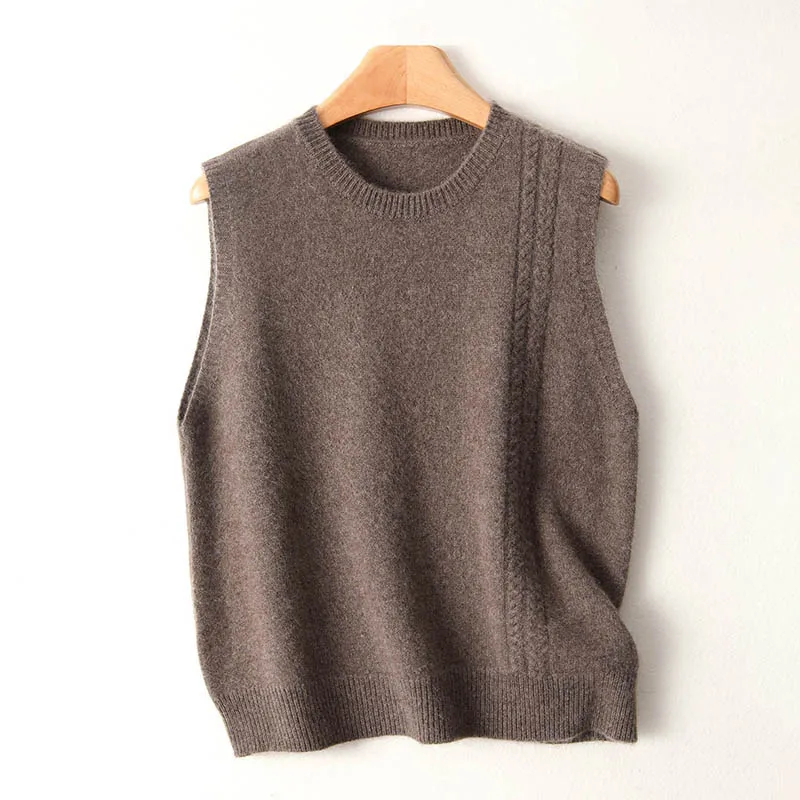 

Women Wool O-neck Waistcoat Sleeveless Pullover Twisted edge Autumn Winter Cashmere Sweater 100% Merino Wool Knitwear Vest Top