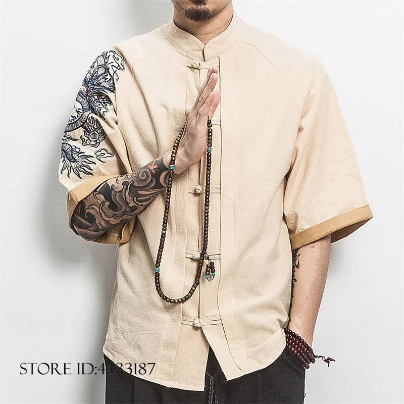 

Plus Size Chinese Tang Style Top Summer New Short Sleeve Men's Shirt Coat Embroidery Dragon Cotton Linen Tai Chi Kung Fu Costume