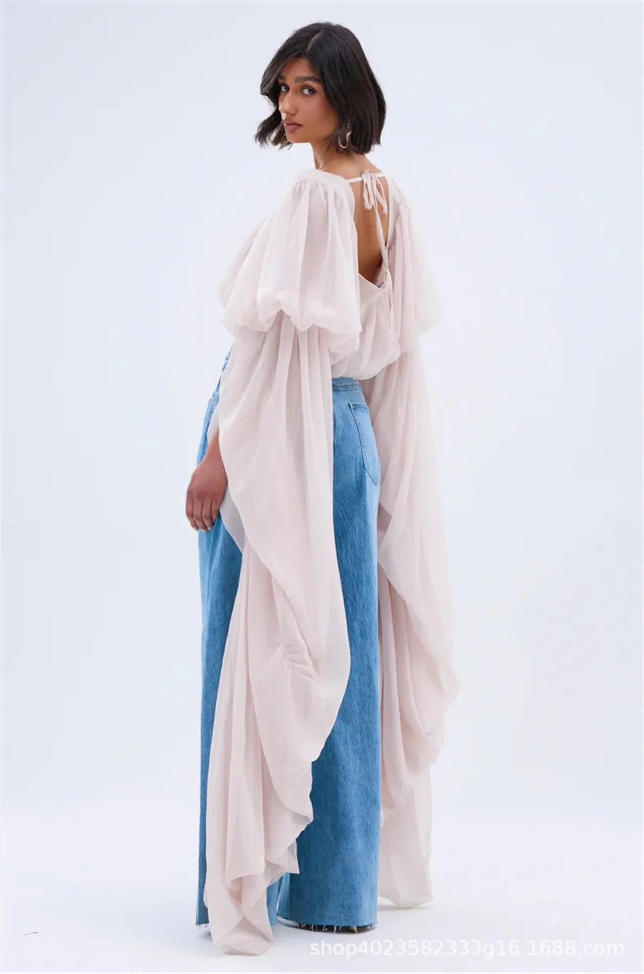 Square Neck Flowy Tunic Blouse Batwing Long Ruffle Maxi Cape Sleeve Loose Chiffon Blouse Women Boho Casual Elegant Flowy Shirt
