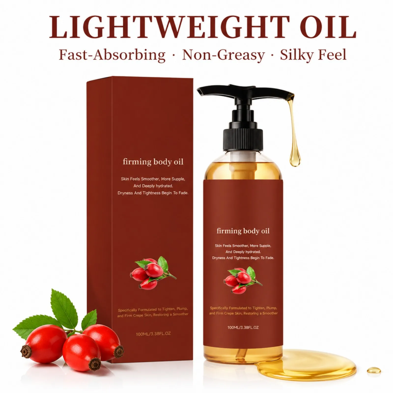 Firming Body Oil Rosehip Tighten Look Reduce Fine Lines Dry Skin Hydrating Nourishing Lightweight Body Moisturizer 100ml