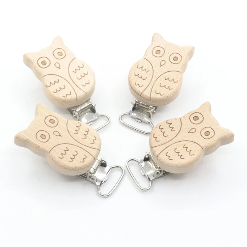 5Pcs Food Grade Beech Wooden Clip Cute Animal Heart Shape Dummy Clip for Baby Teething Pacifier Chain Holder Accesories