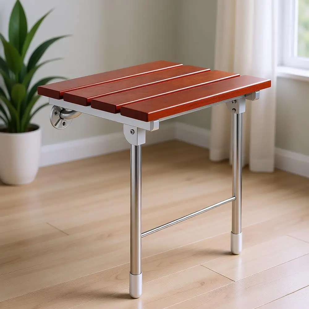 

Collapsible 18'' Wall-Mounted Shower Seat with Support Legs for Elderly, Disabled, or Pregnant Adults (Supports 400 lbs)