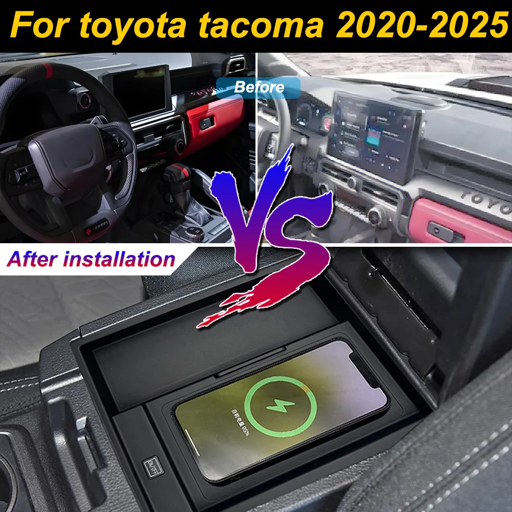 2 DIN для Toyota Tacoma 2020-2025: Беспроводное зарядное устройство для телефона в центральной консоли, держатель для iPhone с быстрой зарядкой 18 Вт