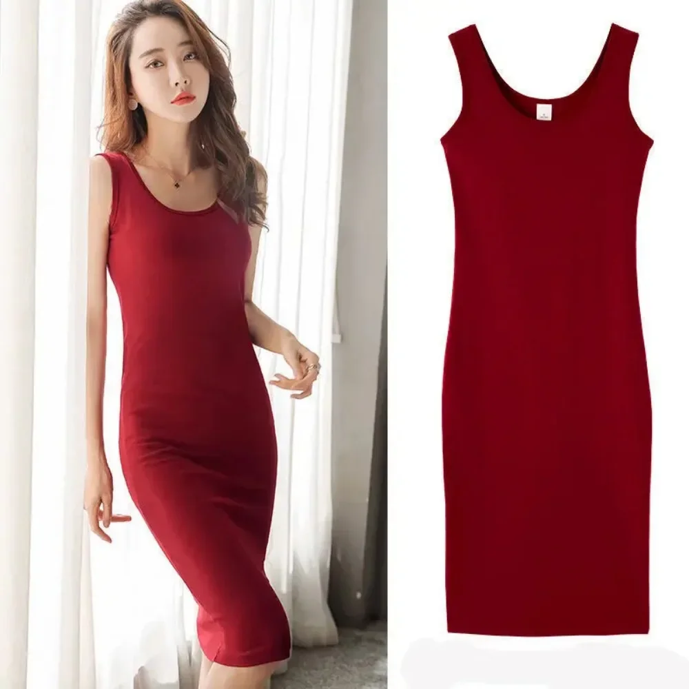 

Women Slip Bodycon Sundress Summer Lady Korean Elastic Stretch Solid Knee Length Party Dresses