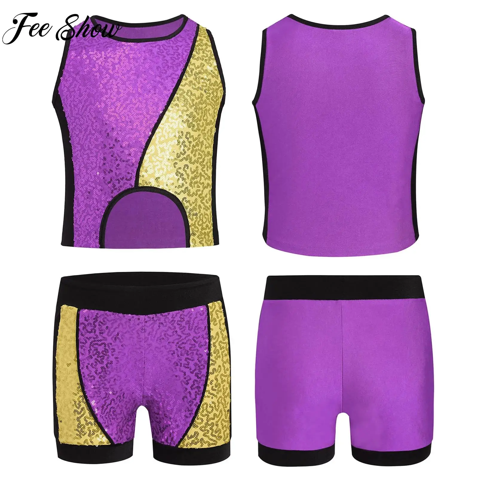 

Child Girls Hip-hop Jazz Street Dance Outfits Cheerleading Performance Dancewear Kids Shiny Sequins Asymmetrical Hem Vest+Shorts