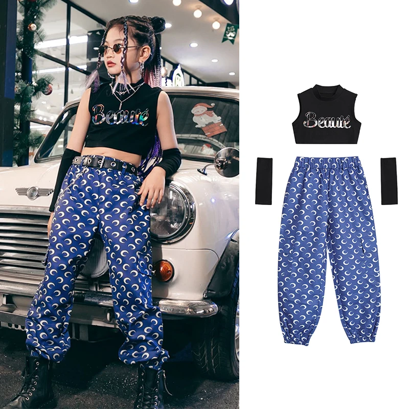 

Hip Hop Clothes Girls Jazz Dance Outfits Chidren Festival Rave Clothing Street Dance Stage Costume Crop Tops Cargo Pants DL9030