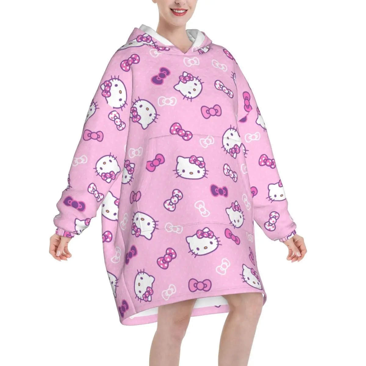 Hellos Kittys Manta de gran tamaño con dibujos animados, sudadera con capucha, manta larga de lana con capucha, manta usable con bolsillo grande para mujeres y hombres