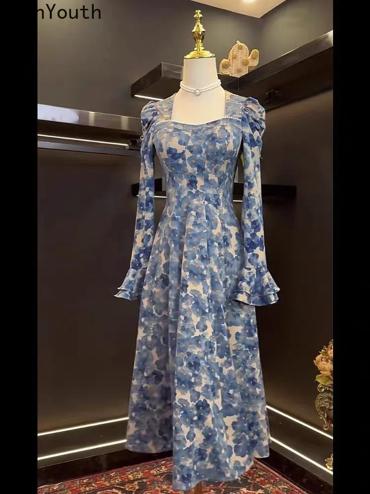 Temperamento Robe Femme abiti floreali donna 2024 Vestidos De Mujer manica svasata perline colletto quadrato tunica Vintage Maxi Dress
