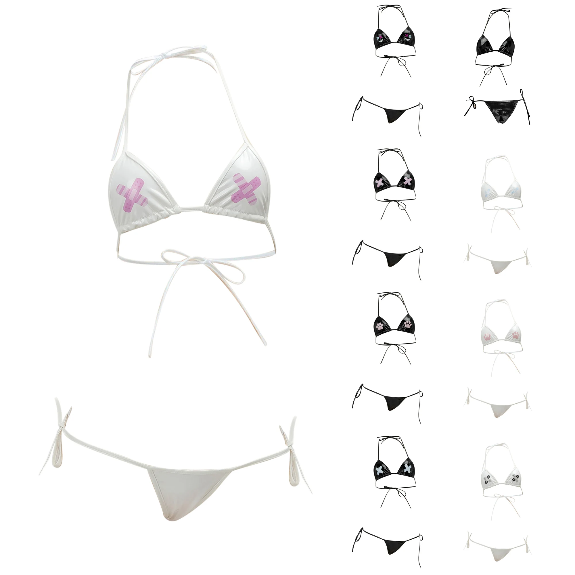 Women PU Leather Bikini Set Swimsuit Triangle Bra with Low Rise Side Tie Thong Briefs for Lingerie Nightwear Pool Beachwear