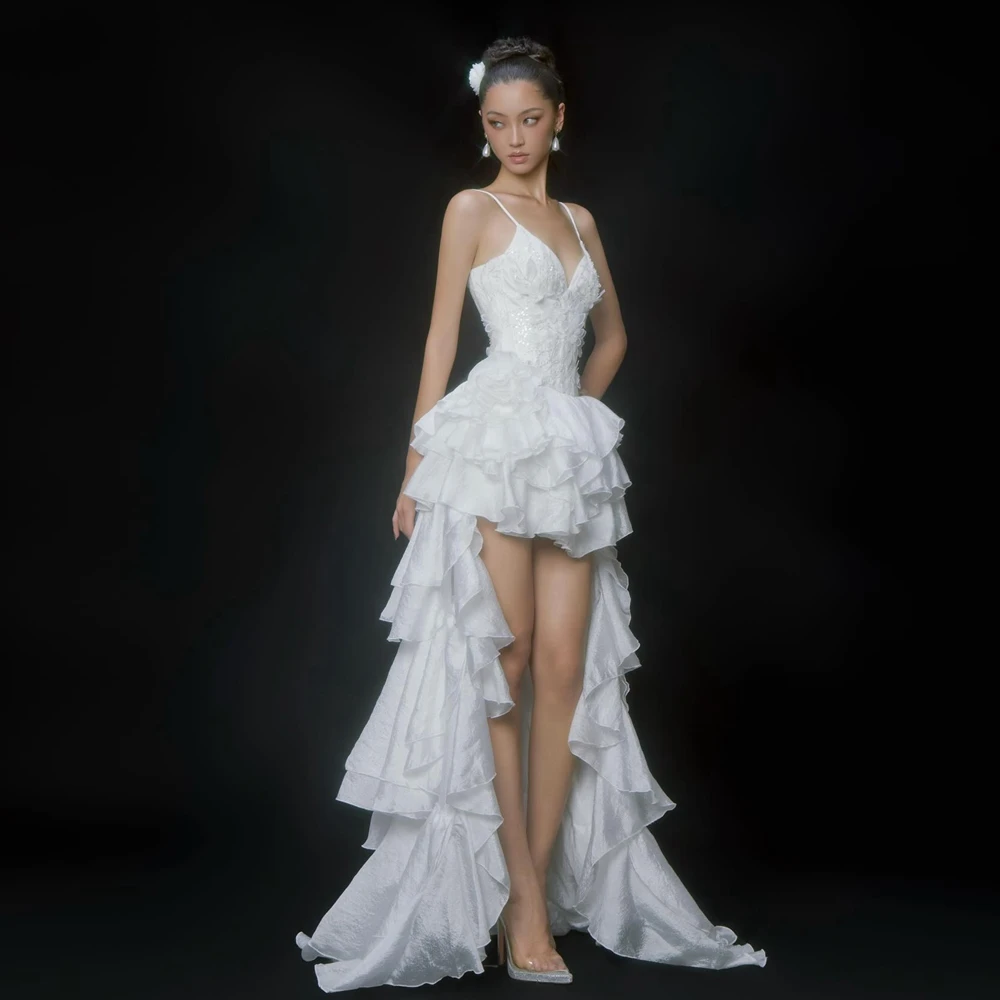 

Белое свадебное платье с асимметричным подолом, глубоким V-образным вырезом, кружевными оборками, длинное вечернее платье для торжеств, роскошное свадебное платье в стиле принцессы