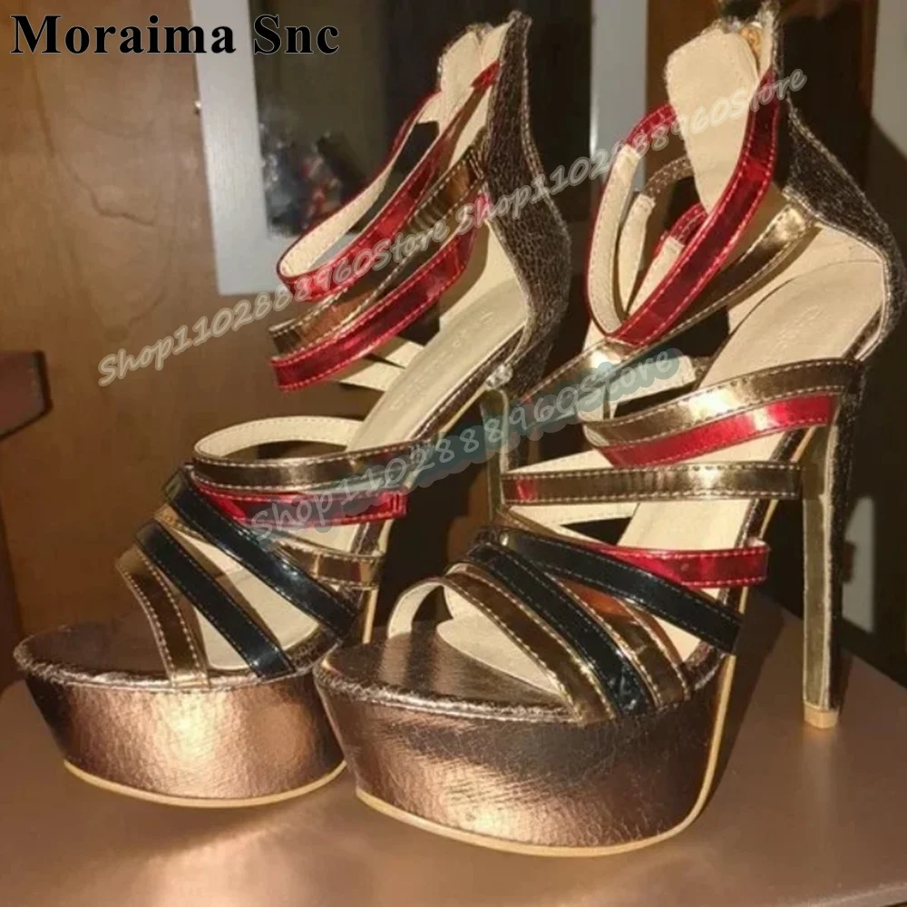 

Trending Mixed Narrow Strappy Platform Sandals Stilettos High Heel Shoes For Women Back Zipper Open Toe Party Stylish Sandals
