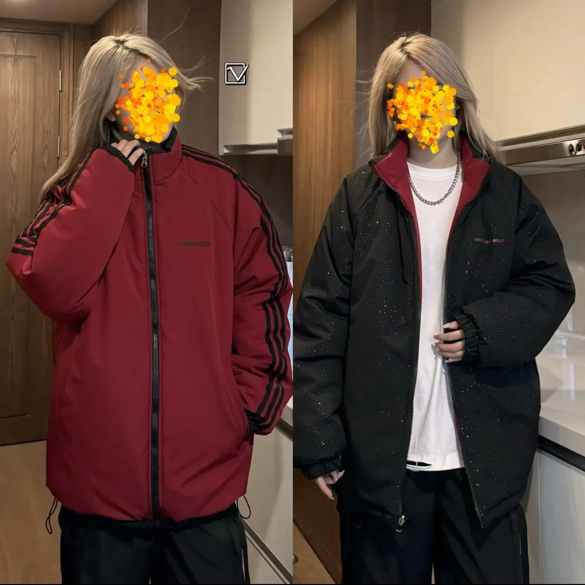 

Double-Sided Wear Waterproof Windproof Autumn Winter Jaet Loose Trendy Cotton Padded Coat Stand Fit Polyester