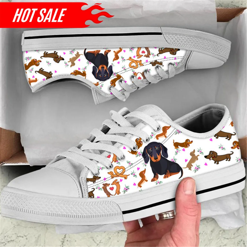 Doginthehole Cute Dachshund Print Women Canvas Shoes Pet Dog Flat Shoes for Ladies Casual Female Lace up Walking Shoes