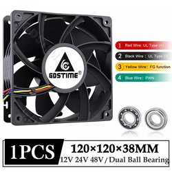 1Pcs Gdstime DC 12V 24V 48V 12038 120mm x 38mm 5300rpm High Airflow Cooler Fan 120x38m 12cm 4pin PWM FG DC Brushless Cooling Fan
