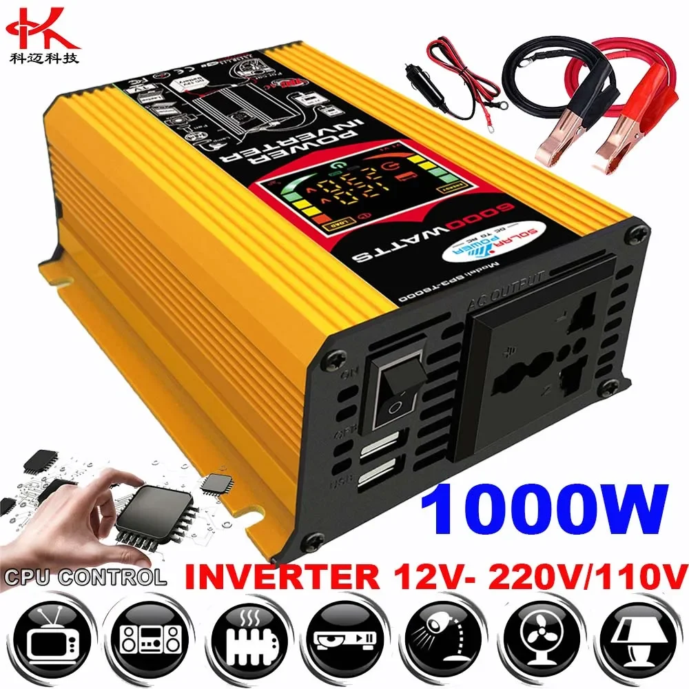 

Car Power Inverter 12v to 110v 220v Peak 1000W 50Hz 60Hz Solar Converter Adapter DC to AC Sine Wave Transformer Charge USB Volt