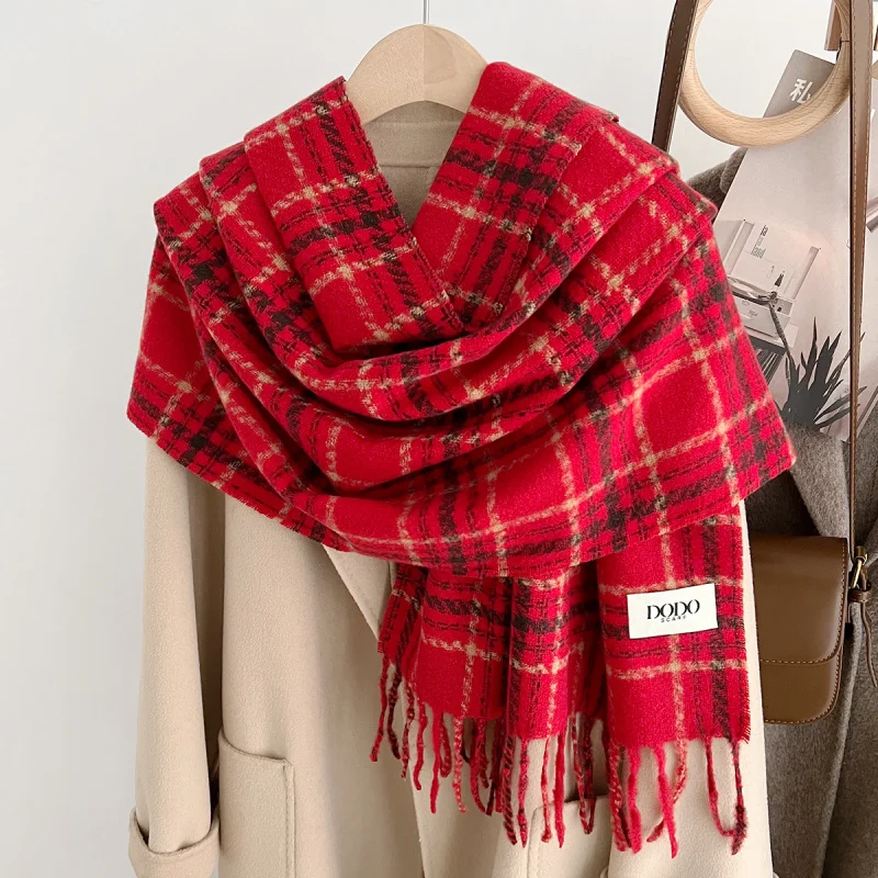 

Корейский красный клетчатый шарф женский зимний теплый ретро элитный новогодний шарф на шею шаль для студентов