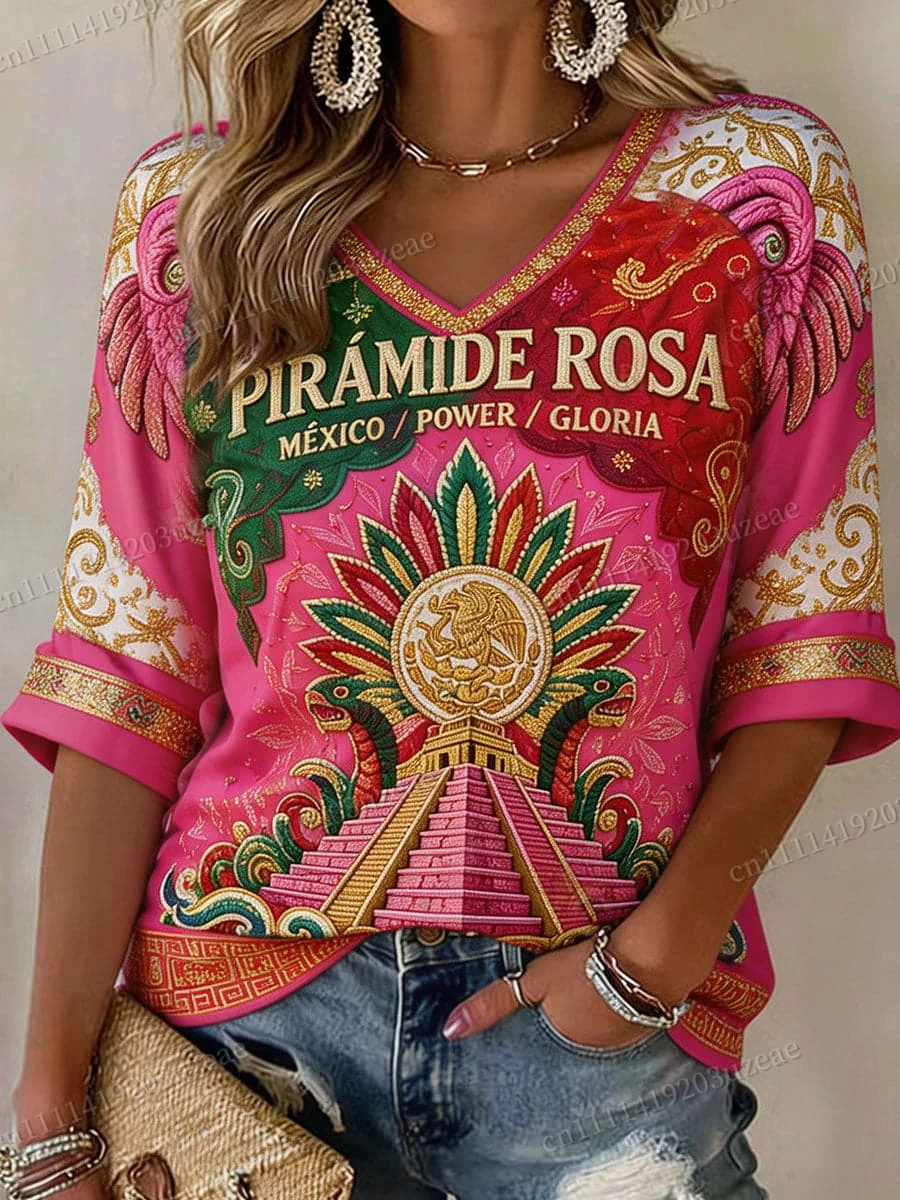 2026 Mexiko Fußball V-Ausschnitt T-Shirt für Männer und Frauen, bedruckt mit Azteken-Adler-Motiv, Vintage Mexikanisches Fußballtrikot, Kulturelles T-Shirt – Detail 4