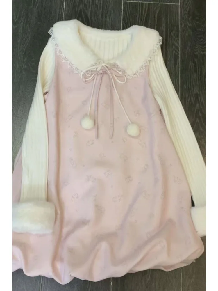 

2026 Spring Elegant Patchwork Warm Set Women Solid Sweet Top + Bow Pink Pinafore Dress Suit Korea Chic Design Party 2-piece Set