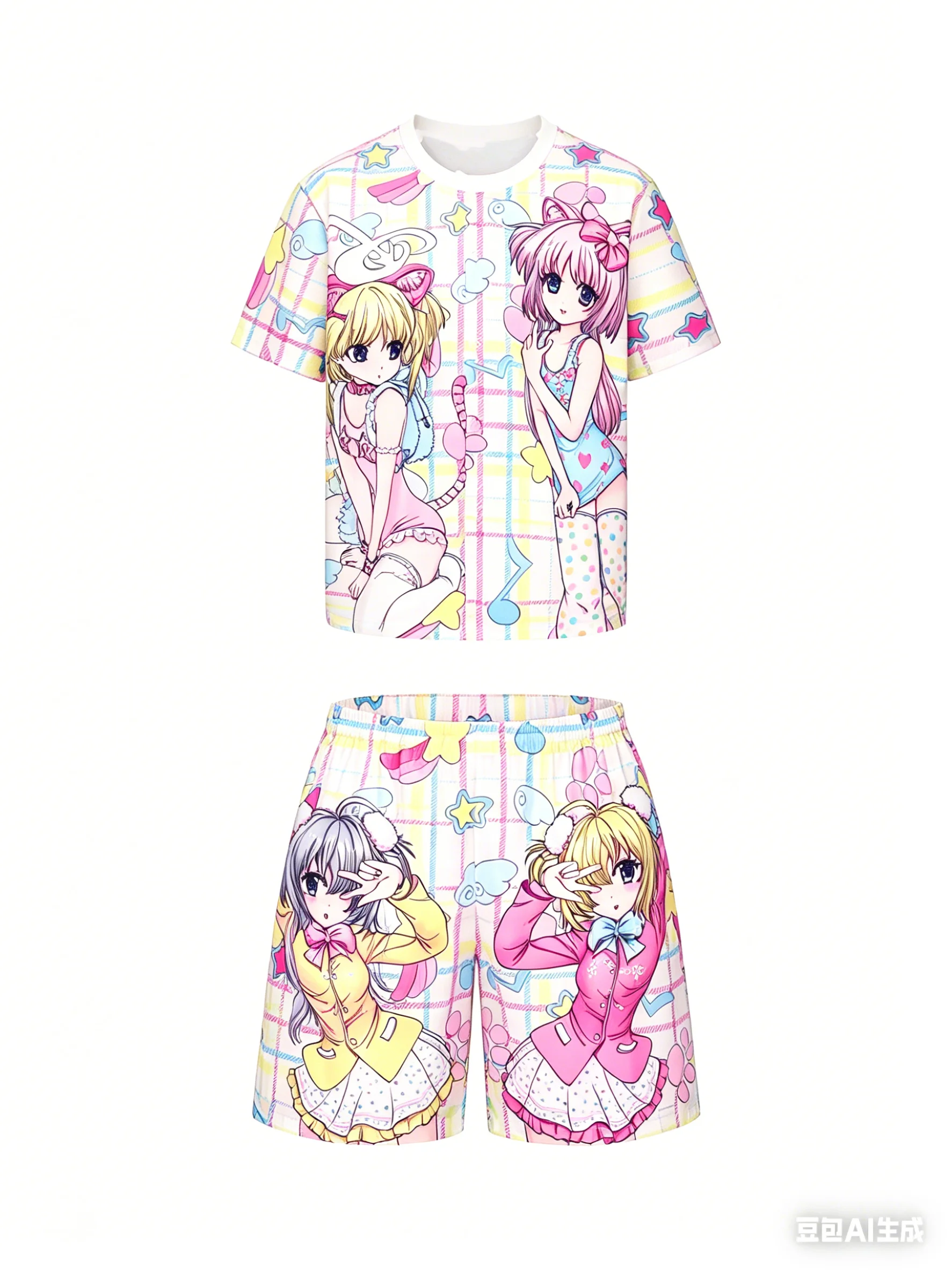 Dark Sweet Cool Adult and Children's Set, Japanese Style Skull and Cow Print 3D Short-sleeve and Shorts Two-piece Set