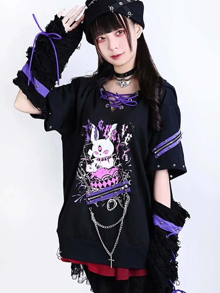 2024 Y2k Subculture Spring Japanese Cartoon Cute Punk Chain Rivet detachable hooded sweatshirt tops hoodie Women's clothing