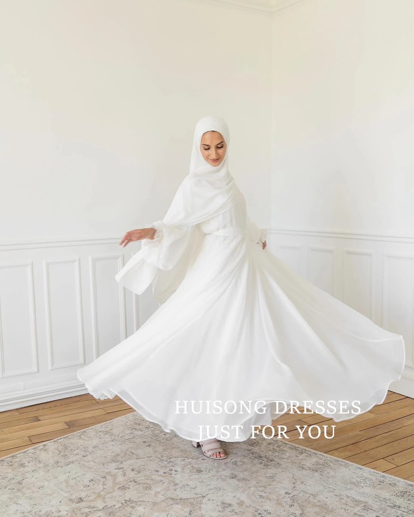 

HUISONG Customized Modest Chiffon Wedding Dresses Long Sleeves A-Line Muslim Bride Dress Long Wedding Gown