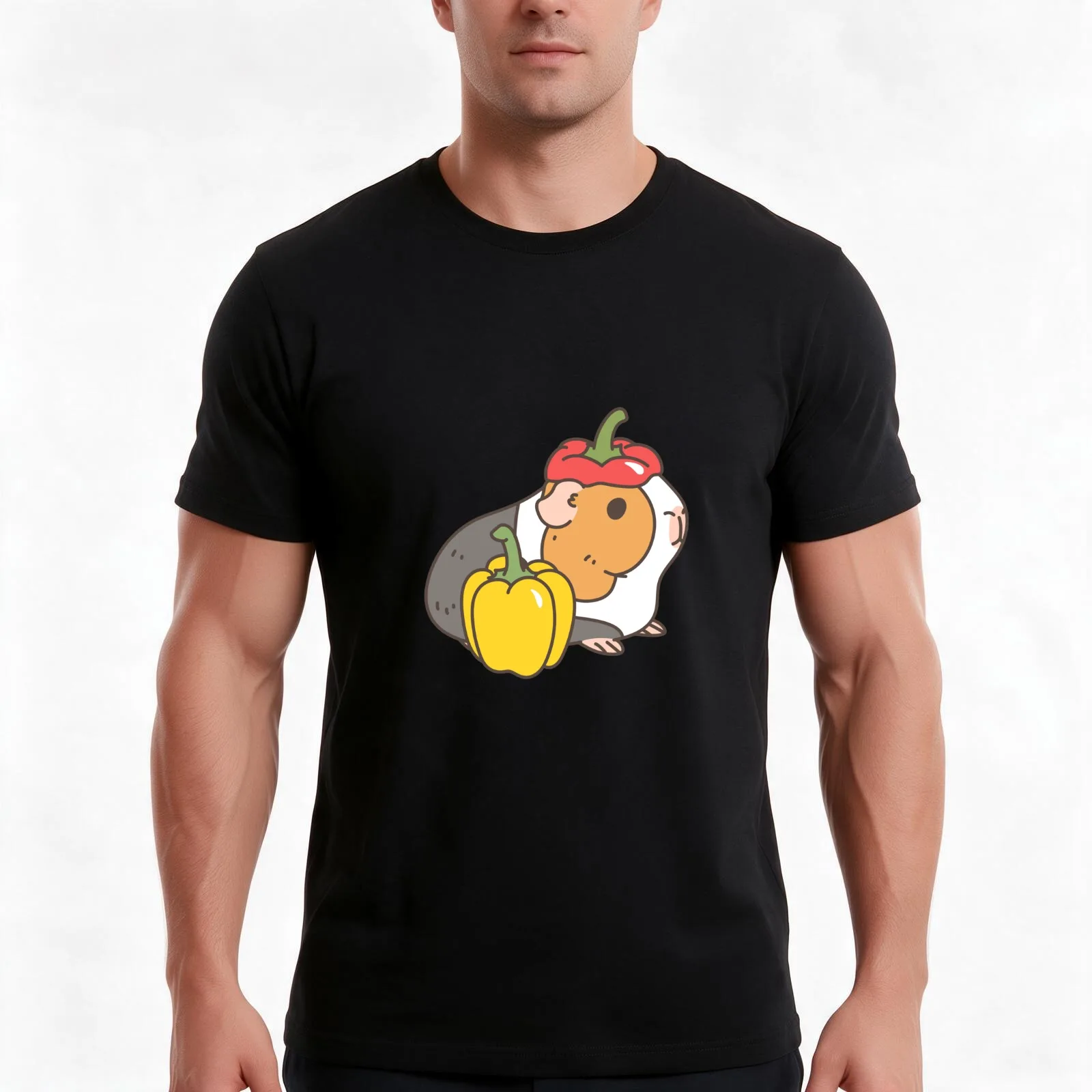 Bell pepper cherry tomatoes and Guinea pigs pattern T-Shirt Summer Casual Cotton Tee Oversized Streetwear Tops 100% Cotton