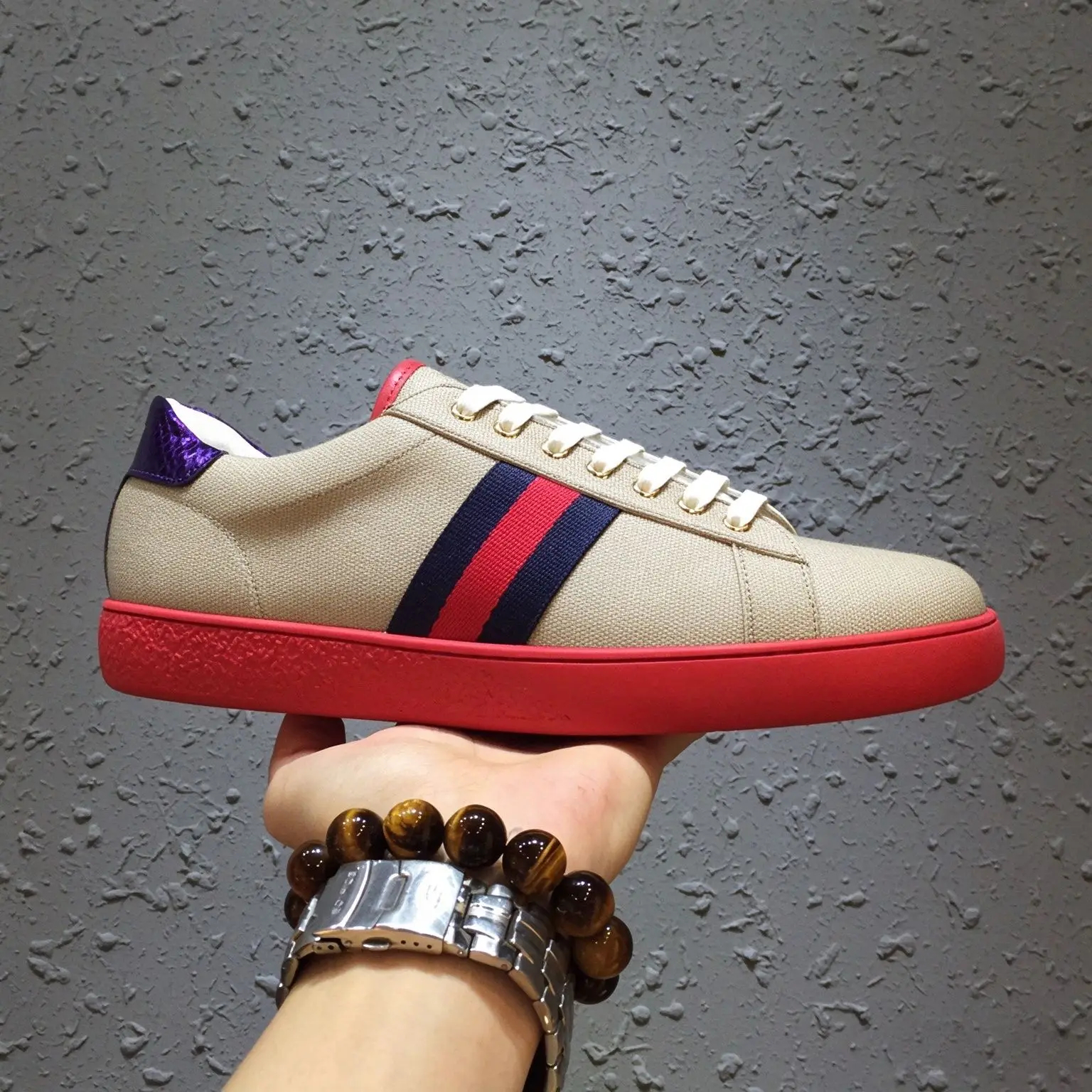 Unisex Khaki Canvas Skate Sneakers, Red Navy Side Stripe Lace Up Bright Red Sole Low Top Street Board Shoes
