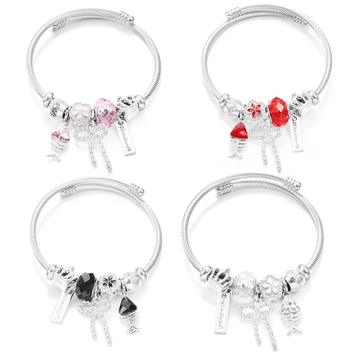 New Rhinestones Bow Fish Bones Crystal Beaded Pendant Bracelet Stainless Steel 4 Colors Closure Bangles Women Bracelet Jewelry