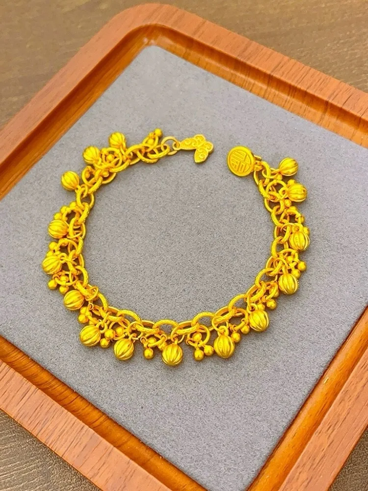 24K Gold 999 Pure Gold Fruitful Bracelet with Bell & Fruit Charms, Women's Design for Luck & Style