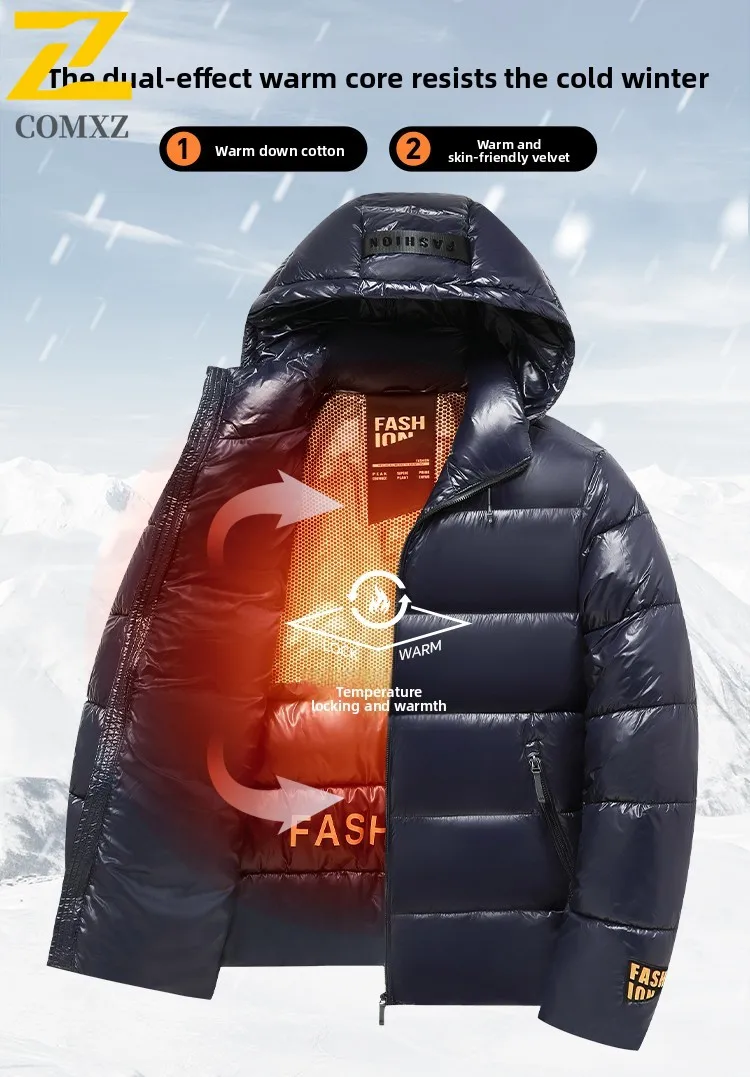 جديد 2025 معطف شتوي صغير من القطن للرجال باللون الأسود والذهبي قصير مقاوم للرياح ومقاوم للماء سترة بقلنسوة دافئة للخروج معطف سترة بسحاب غير رسمي