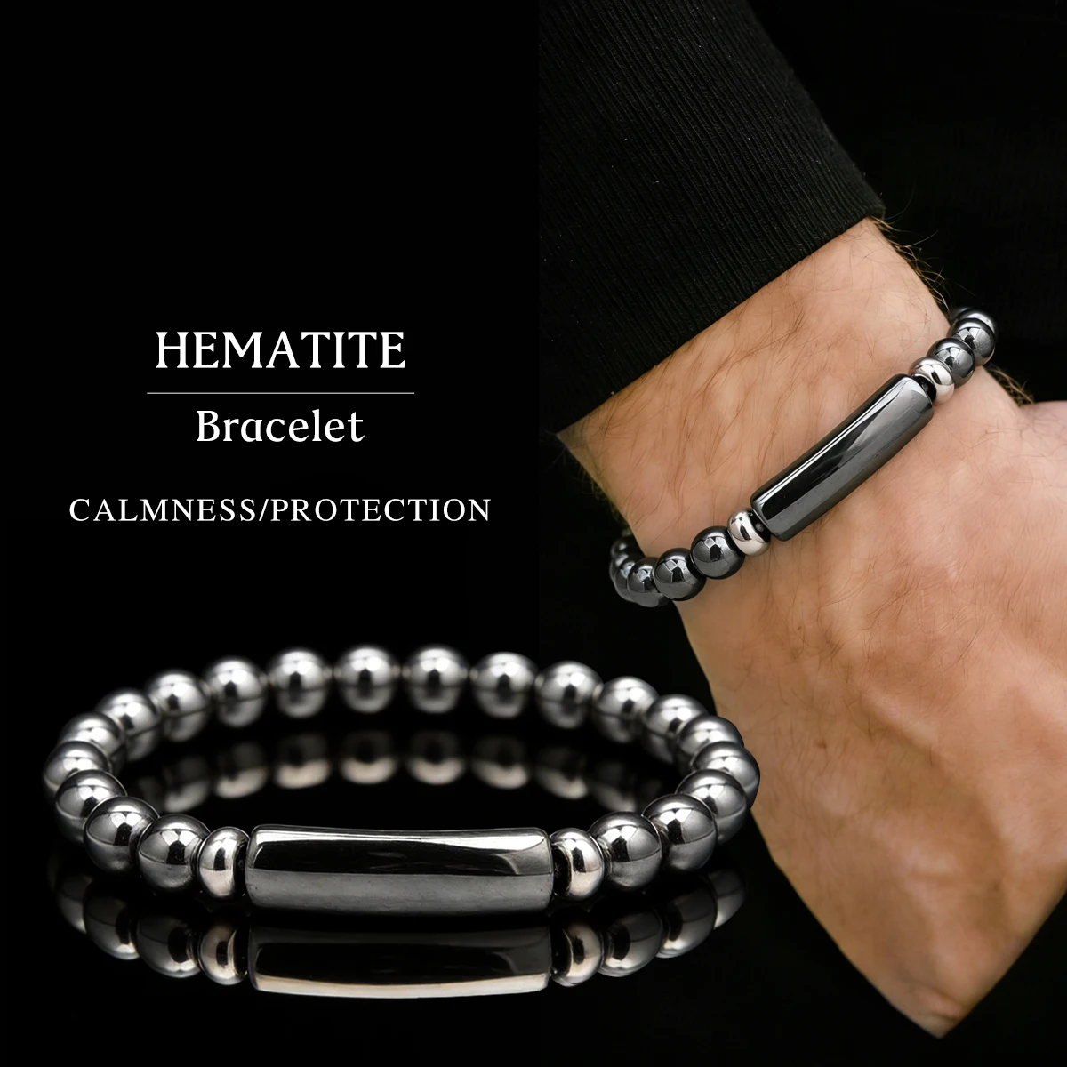 

Natural Hematite Beaded Bracelet for Men Calmness Protection Healing Stone Jewelry Barrel Bead for Stress Relief Everyday Wear