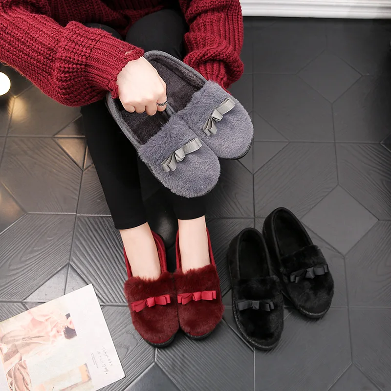 Women Casual Flat Shoes Soft Loafers Fashion Winter Shoes Comfort Warm Plush Bow Slip on Female Cotton Shoes Zapatos De Mujer