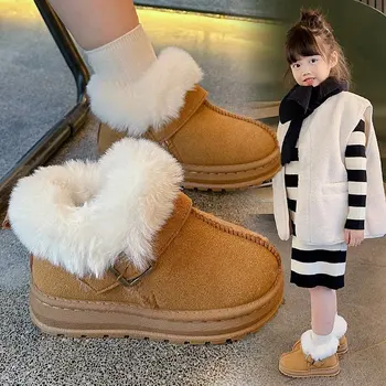 Kids Thick Fluffy Snow Boots Winter New Soft Plush Warm Cotton Shoes Boys Girls One Fur Suede Boots Fashion Buckle Short Booties