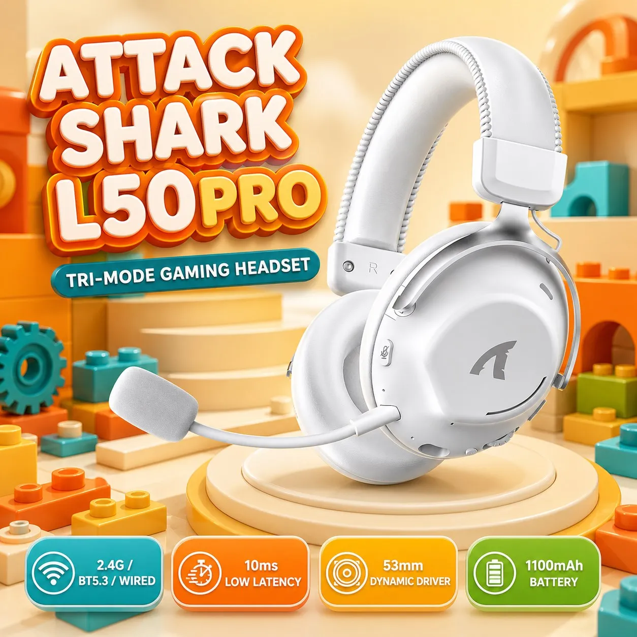 Attack Shark L50PRO Tri-Mode Gaming Headset 3D Spatial Audio 53mm Dynamic Driver 10ms Latency 2.4G Bluetooth 5.3 Wired