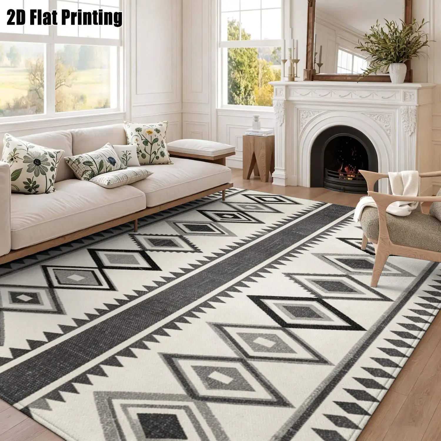 1Pc 2D Printed Black White Geometric Diamond Pattern Carpet Nordic Modern Minimalist European Bohemian Style, Multi-Size Machine Washable, for Entrance Dining Bedroom Living Room Home Decor