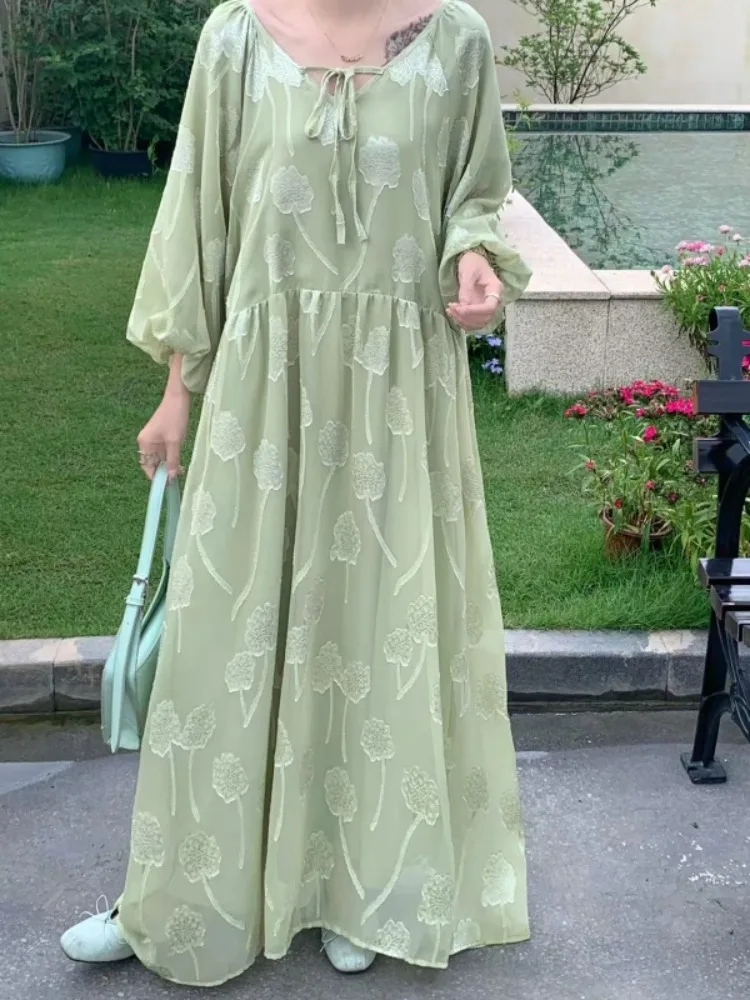 Sukienki maxi damskie Lemongor z żakardową tkaniną w kwiaty, na ramiączkach, z dekoltem w serek, bufiastymi rękawami, luźne, eleganckie, codzienne sukienki na imprezę, wakacje, długa sukienka, nowość 2025