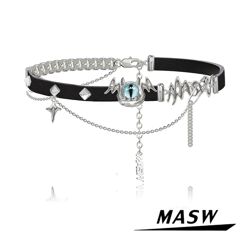 

MASW Original Design Cool Style One Layer Blue Evil Eye Chain Tassel Black PU Choker Necklace For Women Jewelry Senior Sense