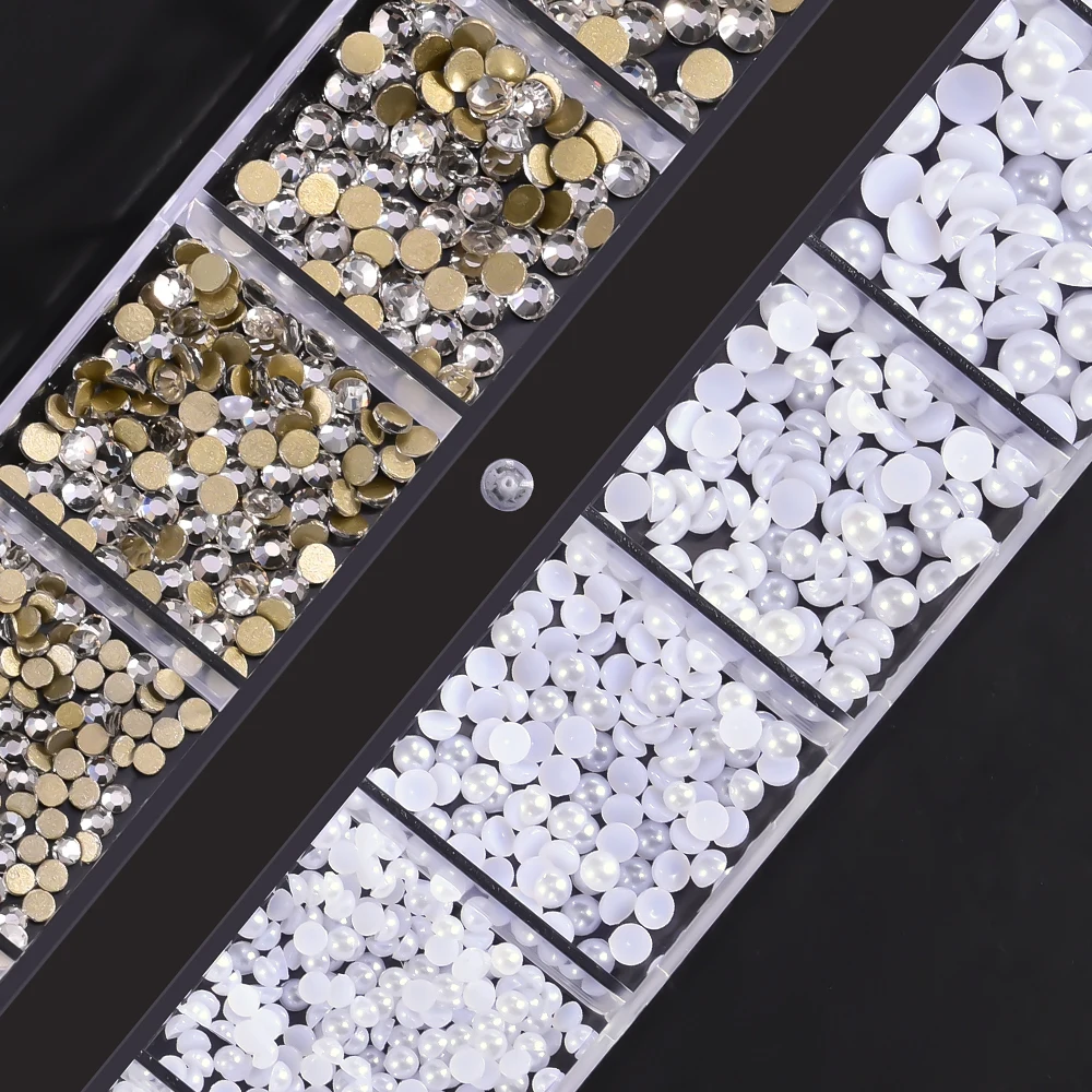 12Grids 3D Flatback Pearls+Rhinestones Nail Charms Mixed-Sizes Semicircular White Pearl&Glass Diamond DIY Nail Jewery Decoration