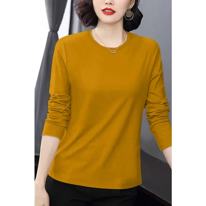 Women Casual Spring Cotton Long Sleeve T Shirt Loose Basic Crew Neck Solid Color Inner Outer Wear Blouse