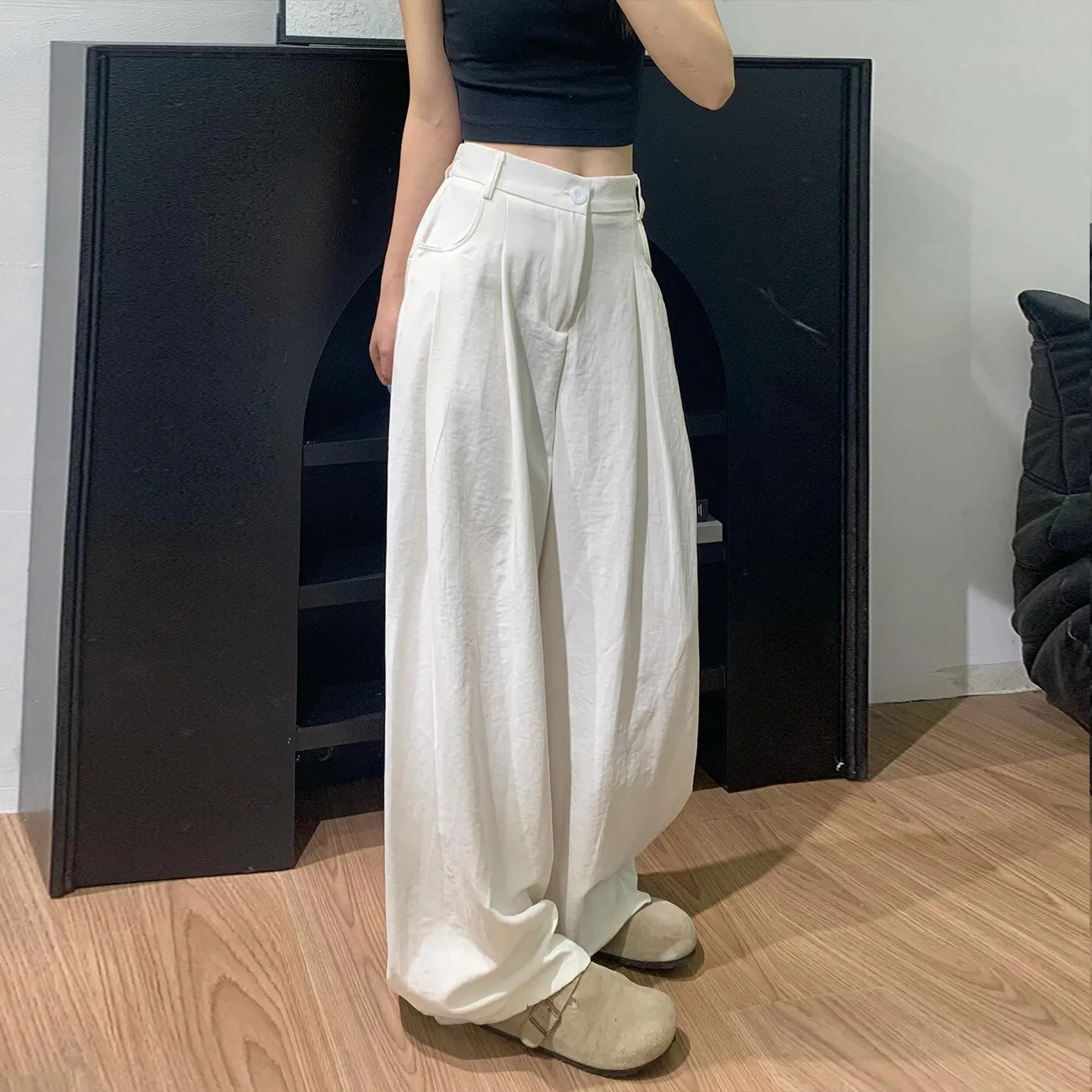 

White Casual Wide Leg Suit Pants for Women Summer New Style Drapey plus Size High Waist Relax Fit Fashion Casual Trousers
