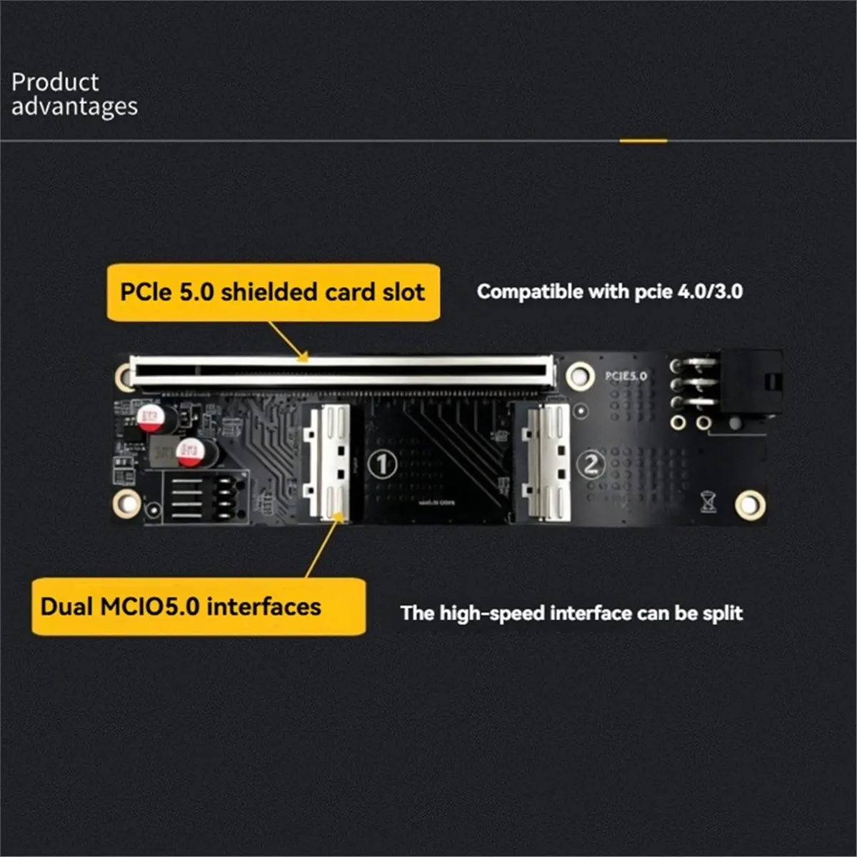 2 Port MCIO 5.0 to PCI-E 5.0 X16 Adapter Card with GPU 6Pin Power Port for Graphics Card Server
