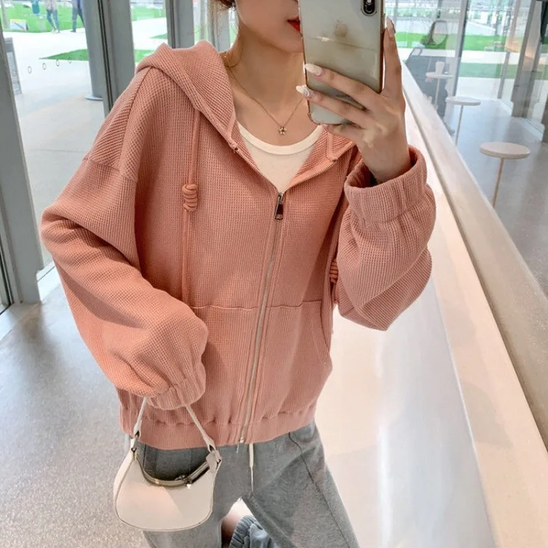 Jackets Women Autumn Female Hooded Baggy Zippers Solid Simple All-match Slimming Korean Style Streetwear Minimalist Prevalent