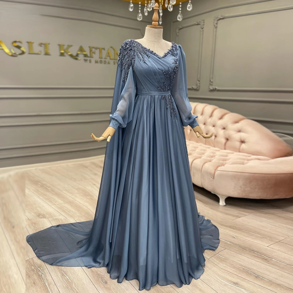 Dusty Blue Long Sleeve Muslim Evening Gowns 2022 New Prom Beaded Lace A Line Chiffon Elegant Arabic Women Formal Party Dress