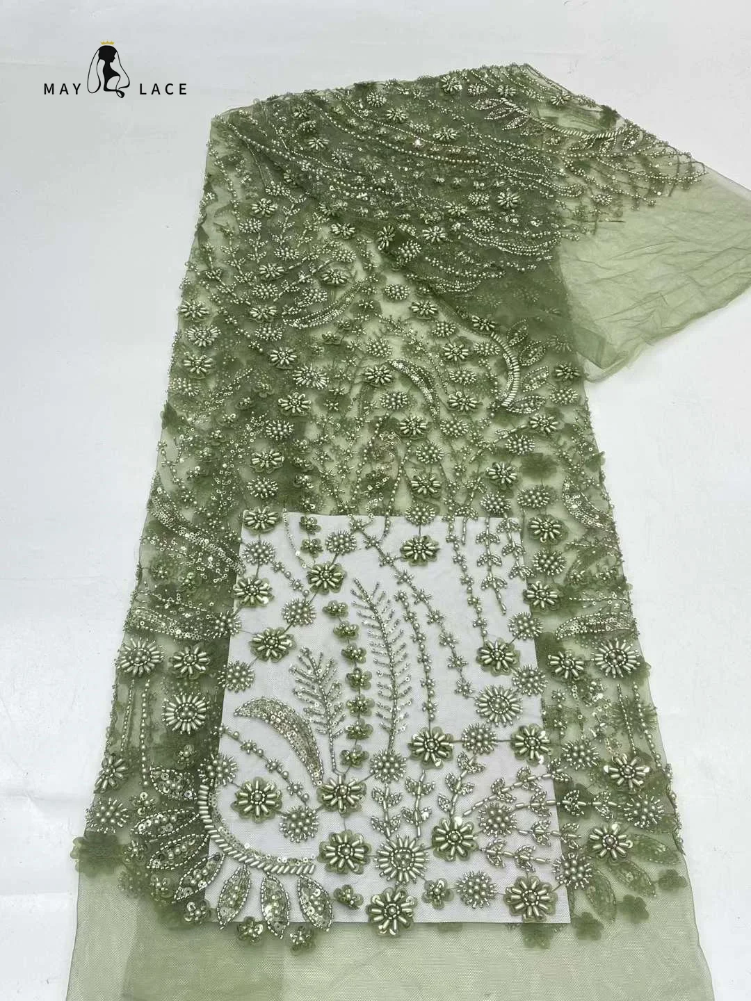 Green African Heavy Beaded 2024 High Quality 5 Yards Nigerian Sequins Groom Lace French Tulle Fabric For Party Dresses Sewing