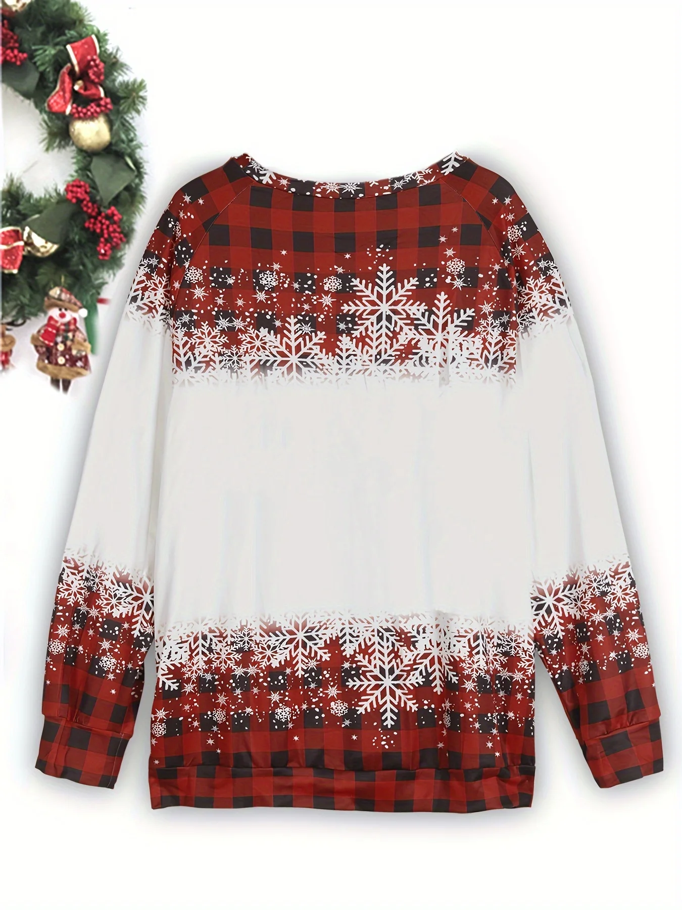 Plus Size Merry Christmas Gnome Print Plaid Sleeve Top Festive Holiday Long Sleeve Women's Shirt Cozy Winter Style