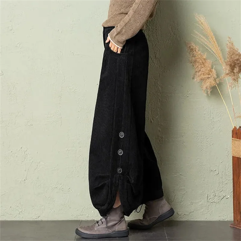 سروال قصير كوري للنساء خريف شتاء قطيفة دافئة فضفاضة غير رسمية سراويل حريم ريترو عالية الخصر زر ملابس الشارع بنطال ذو قصة أرجل واسعة #5