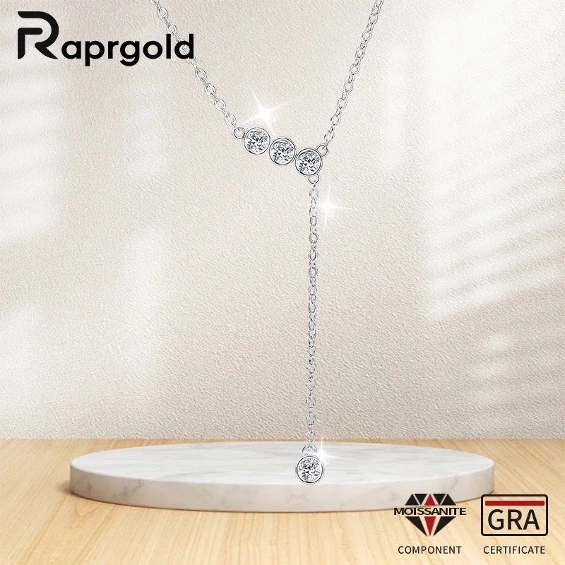 

RAPRGOLD GRA Certified Moissanite Pendant Necklace for Women S925 Sterling Silver Y Shape Chains Wedding Jewelry Gifts Collar