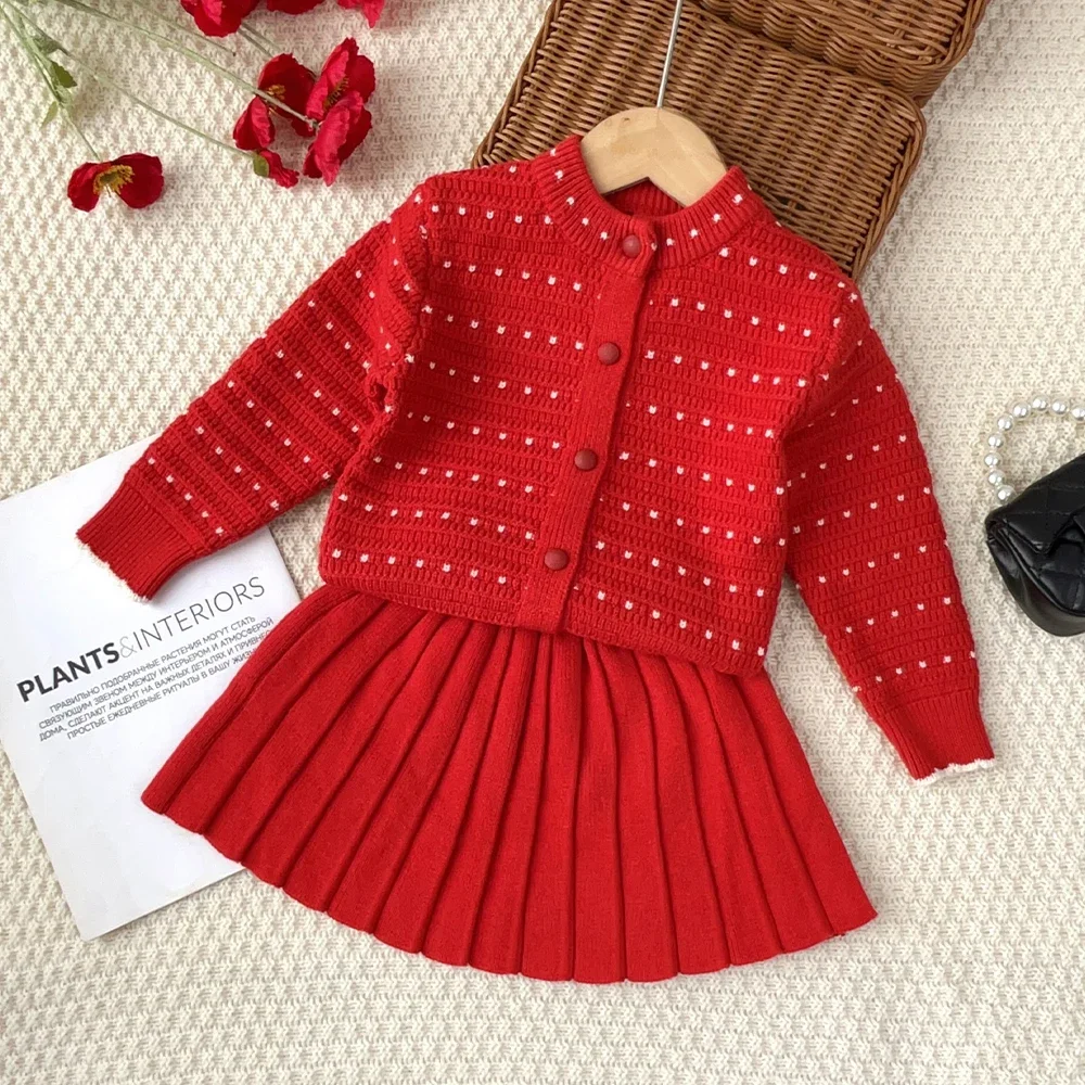 Herbst- und Winterkleidung für Mädchen: Langärmeliger Strickpullover, Strickjacke + Plissierter Kurzrock, Süße und Niedliche Prinzessinnenkleidung für Kinder – Detail 15