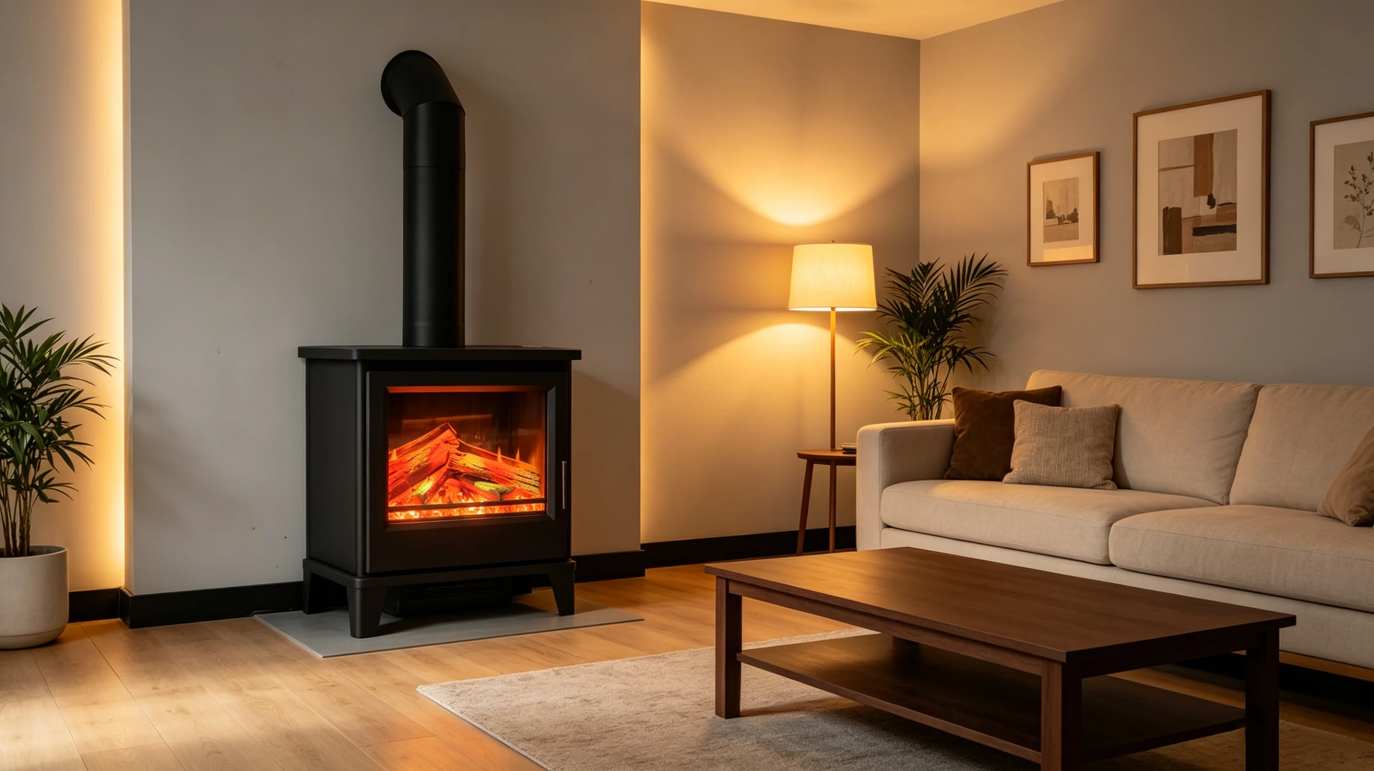 Square Freestanding Electric Fireplace Stove, Vivid 3D Flame Metal Heater with Decorative Wall Chimney for Interior Decor